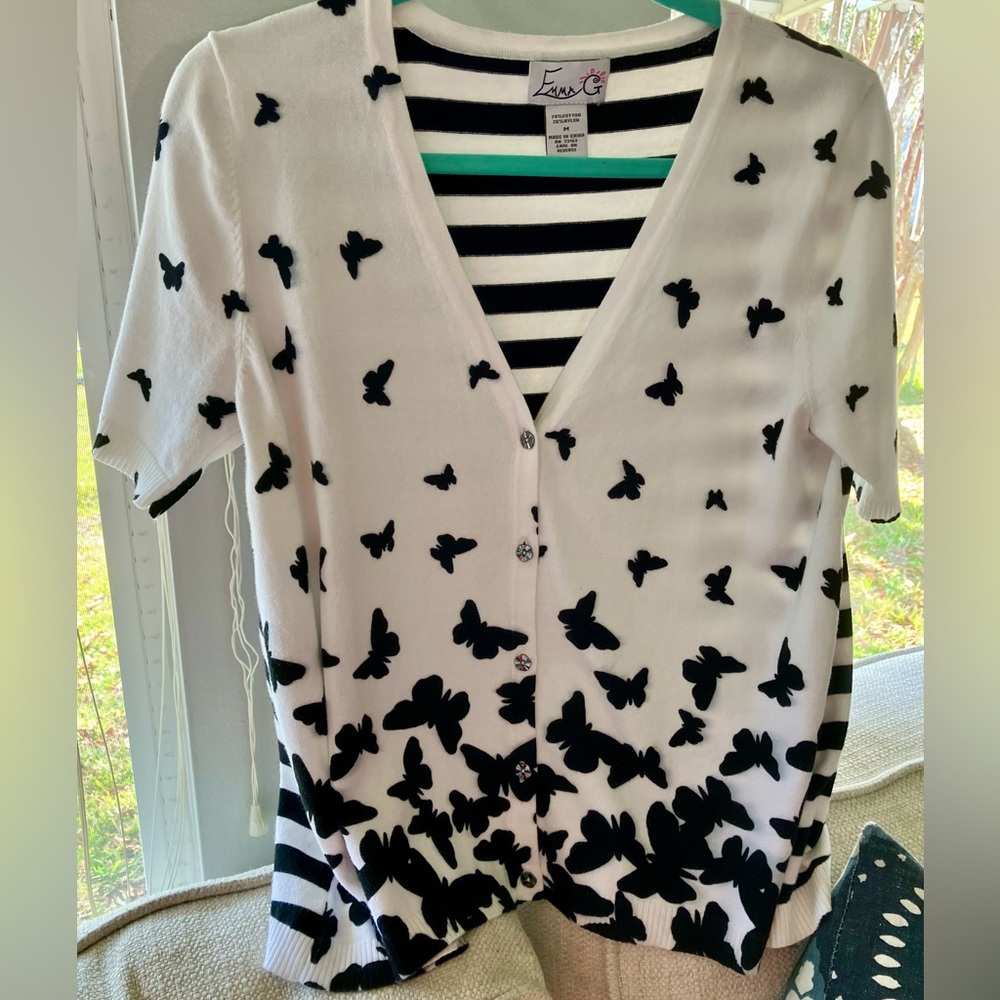 Emma G Butterfly and stripe Print Cardigan light sweater size Women’s medium